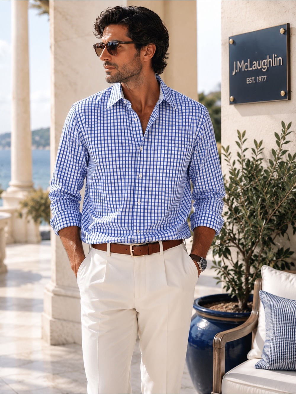 J.McLaughlin NWOT Gingham Button Down Shirt MEDIUM Cotton Check Plaid Blue White